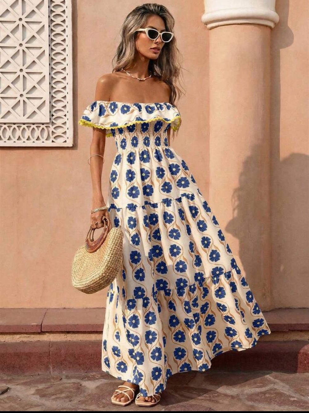 Smocked Off-Shoulder Floral Maxi Dress in White and Blue - Picture 2 of 4